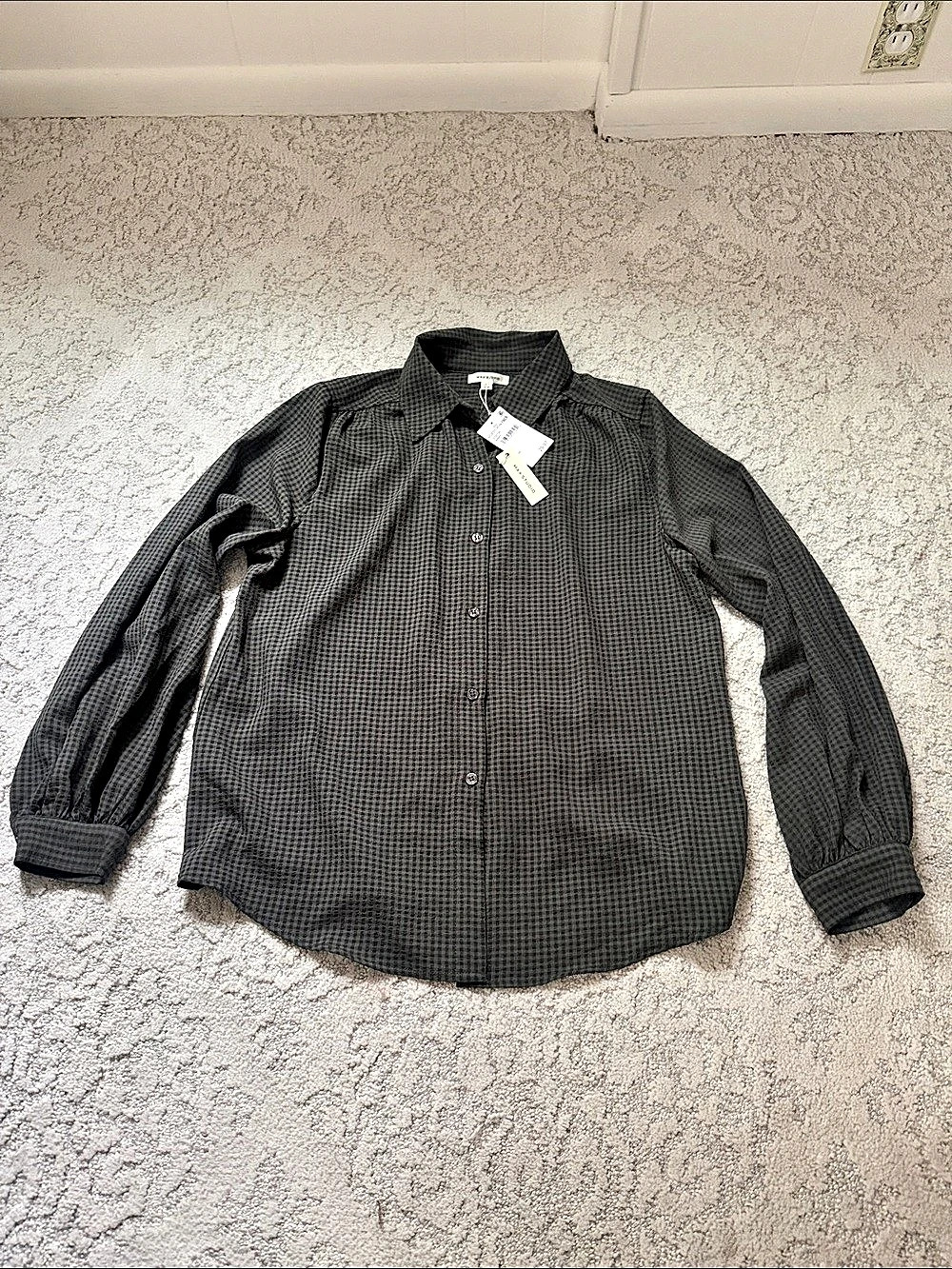 Max Studio Text Grid Button Front Collared Blouse Black & Gray Medium NWT